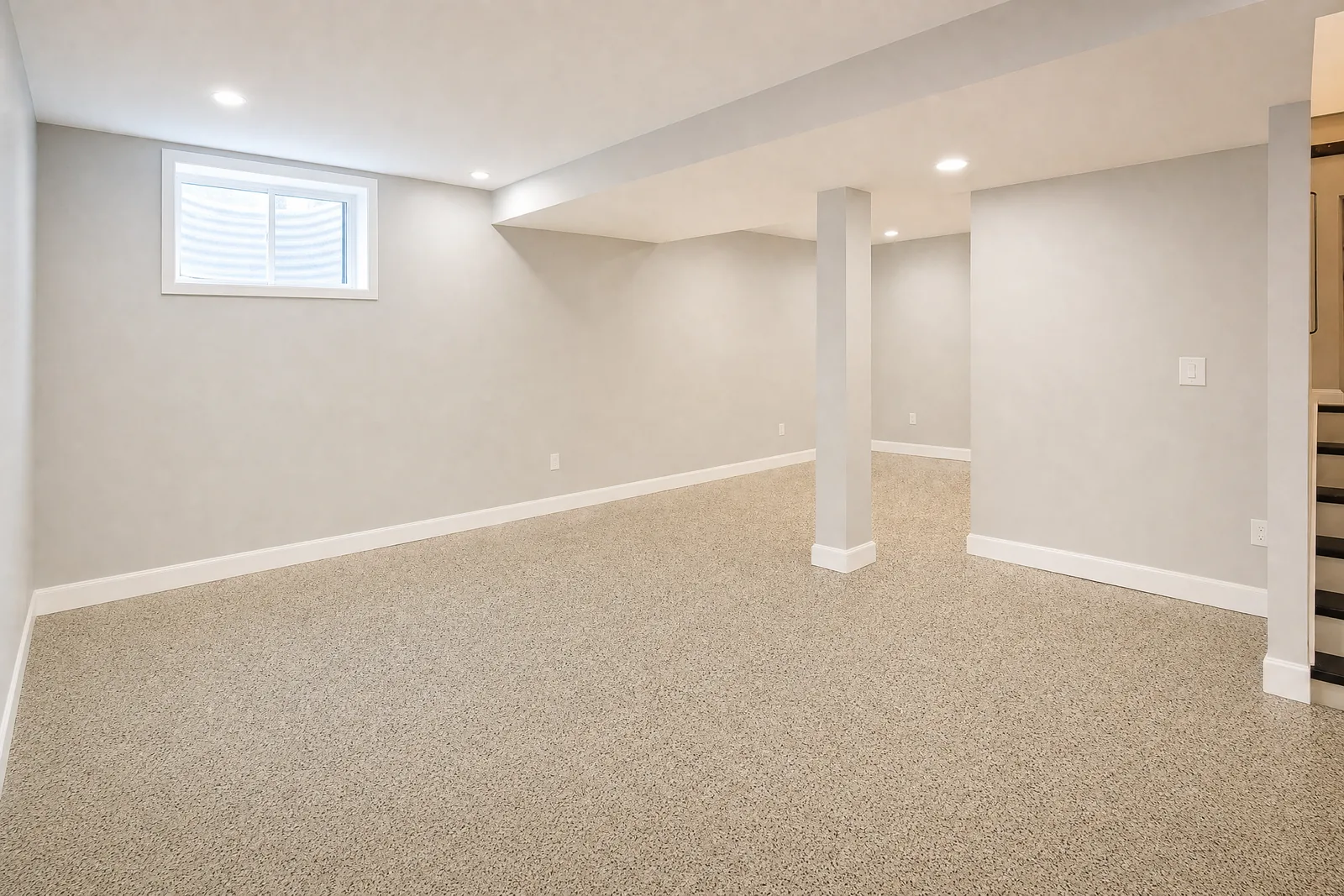 Finished residential basement room with a tan flake epoxy floor and recessed lighting