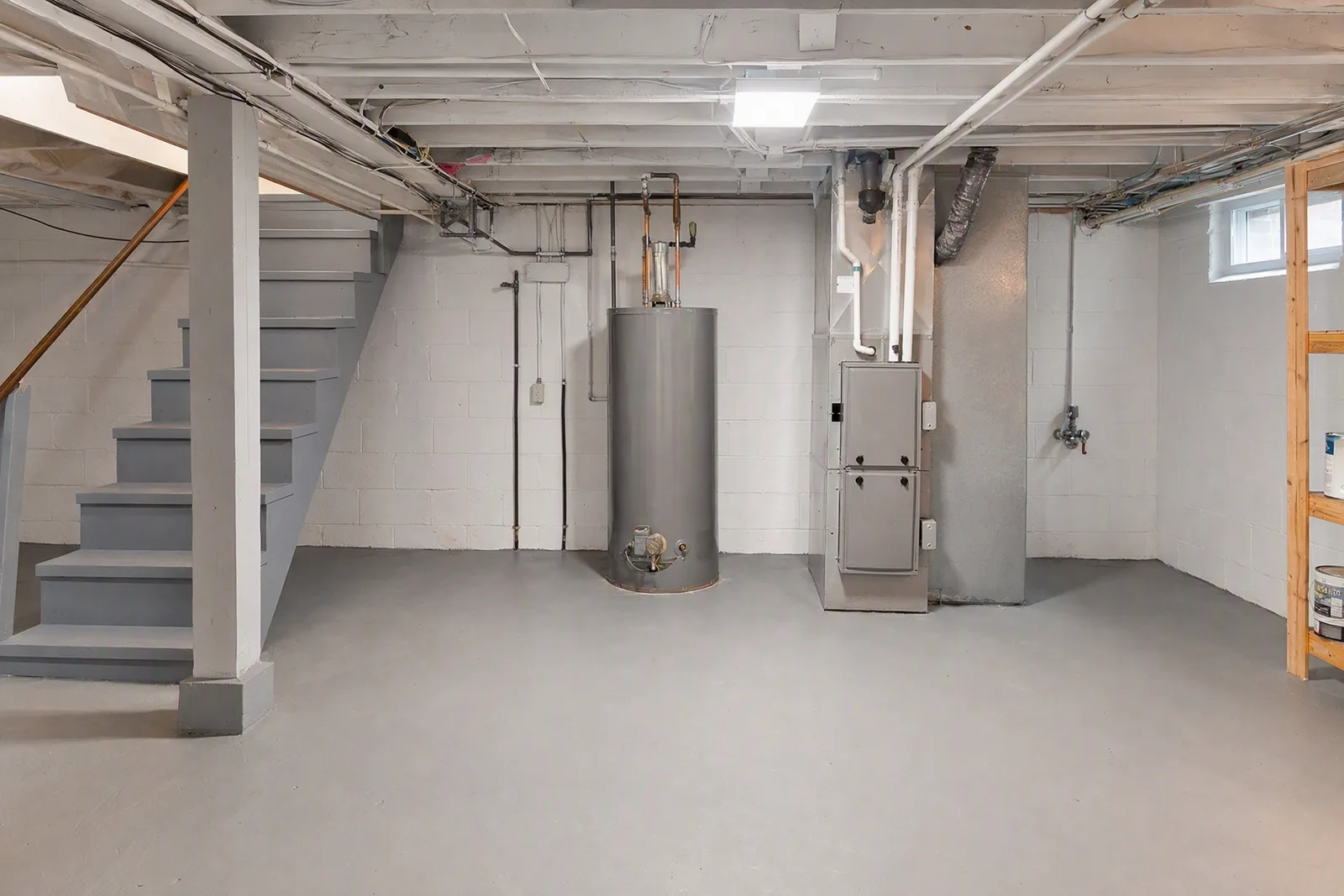Basement utility area with a solid grey epoxy floor, water heater and exposed joists