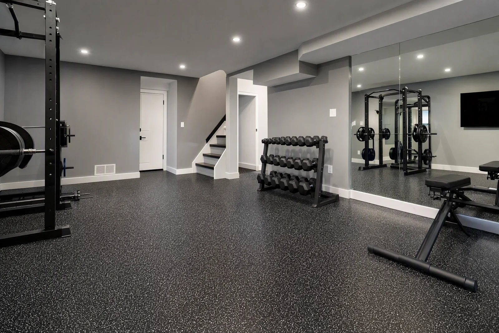 Basement home gym with black and grey flake epoxy floor