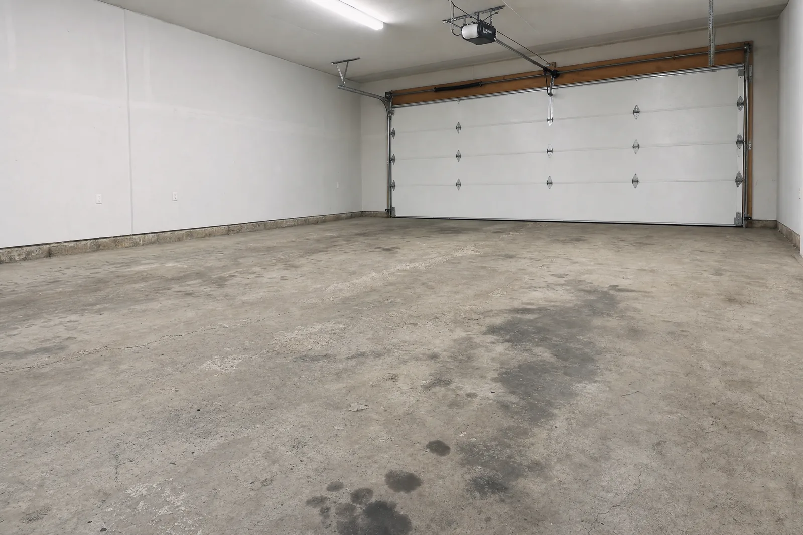 Two-car garage with oil-stained, cracked bare concrete before coating
