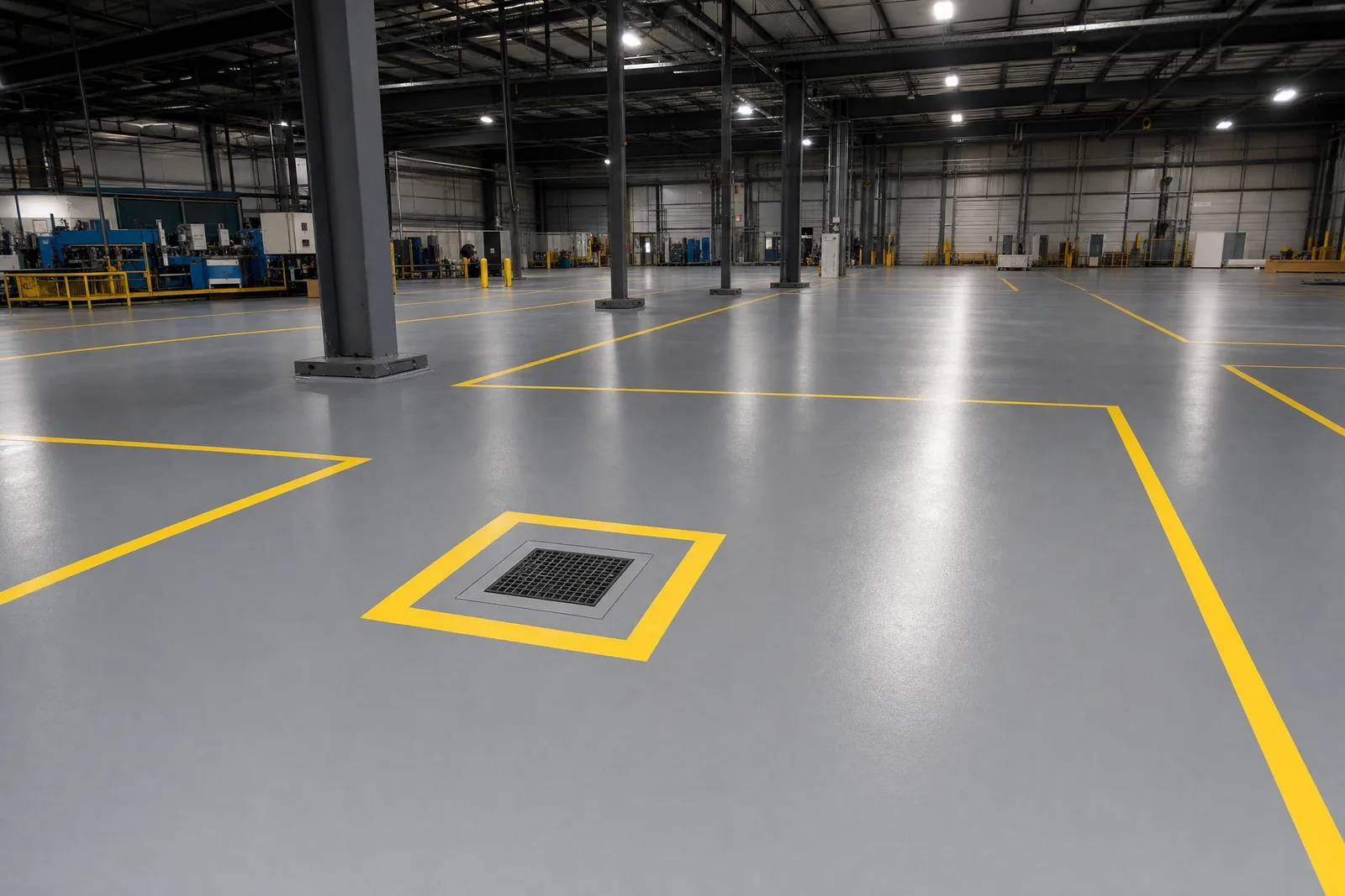 The same shop floor with solid grey epoxy coating and fresh yellow safety striping