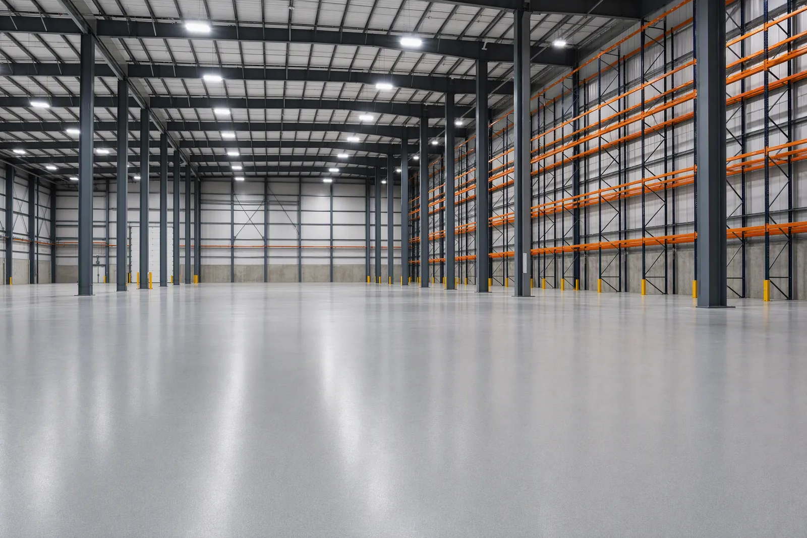 Warehouse interior with solid grey epoxy floor and steel columns