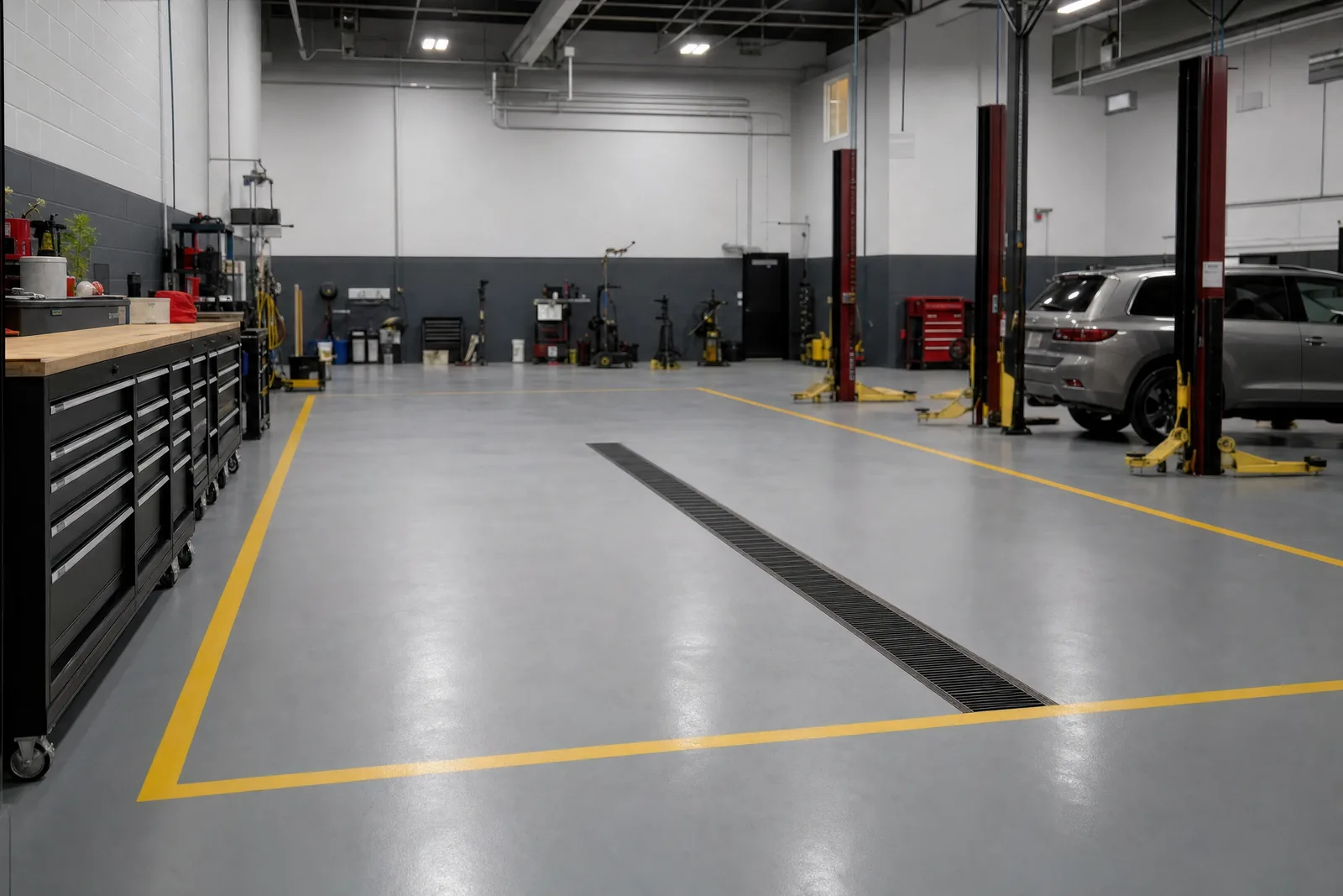 Automotive service shop with solid grey epoxy floor and yellow safety striping