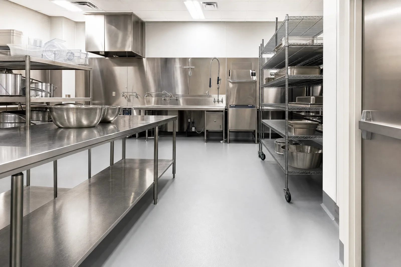 Commercial kitchen with seamless urethane floor and coved base