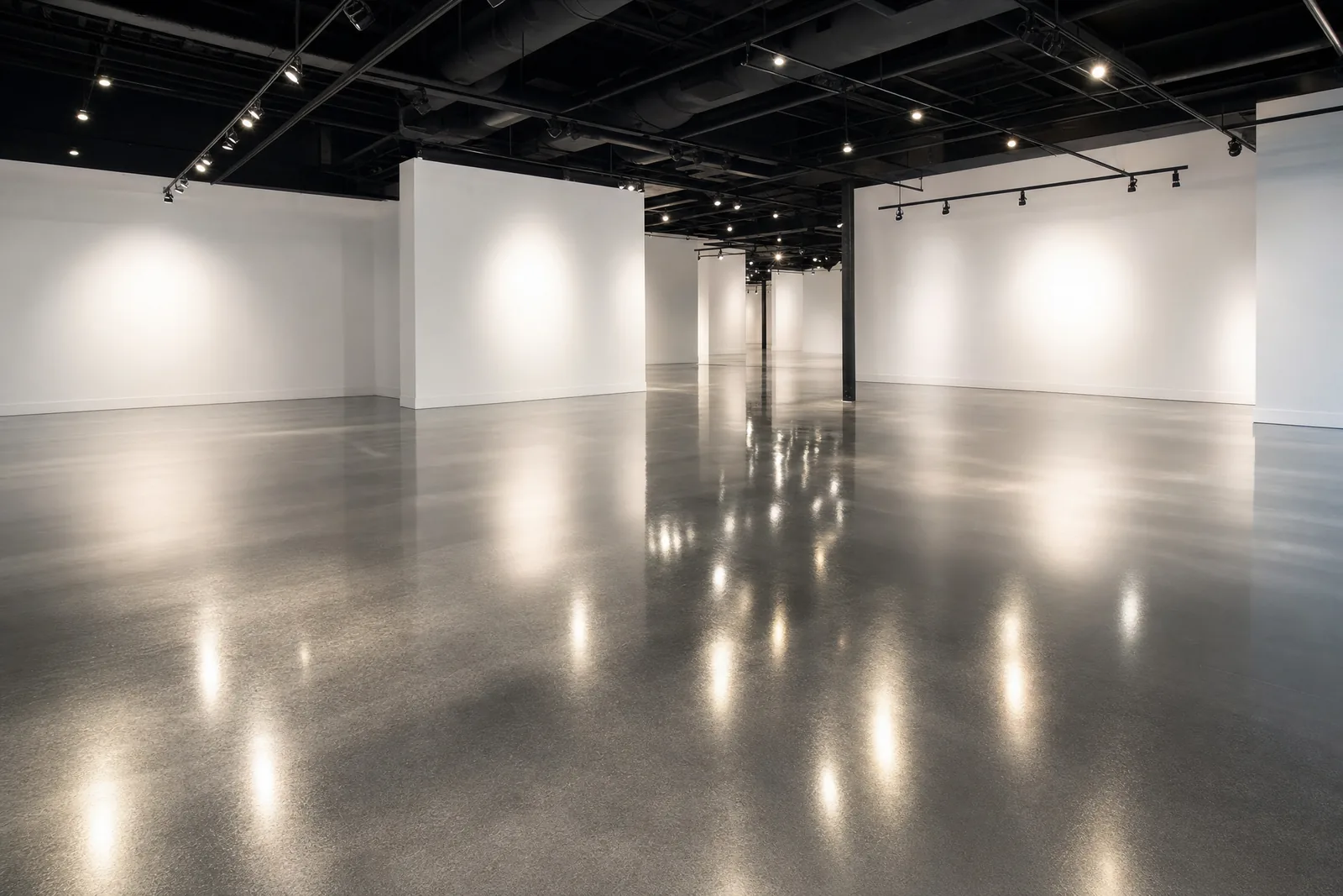 Retail showroom floor in polished pewter metallic epoxy