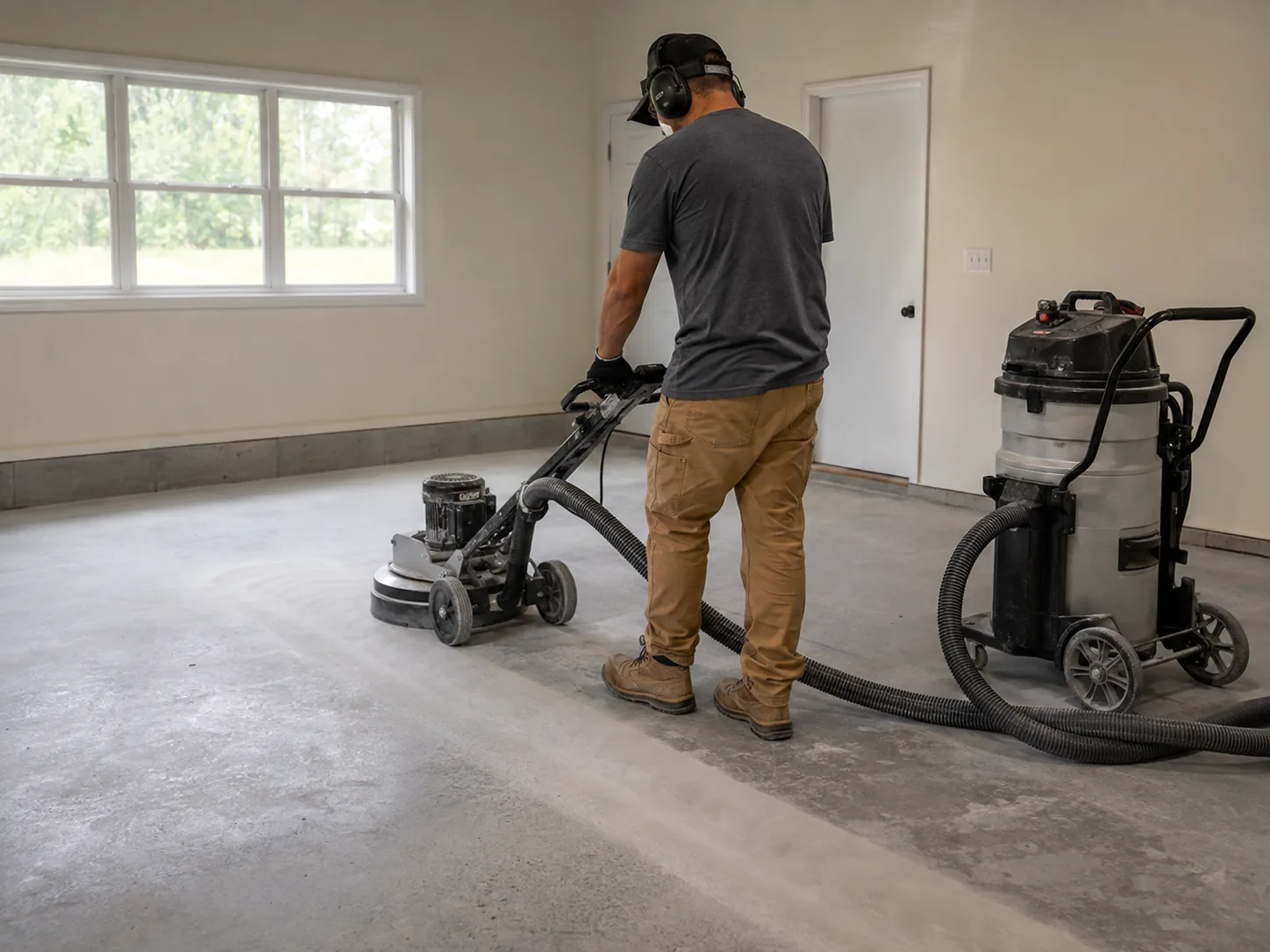 Worker in PPE operating a concrete grinder with dust extraction