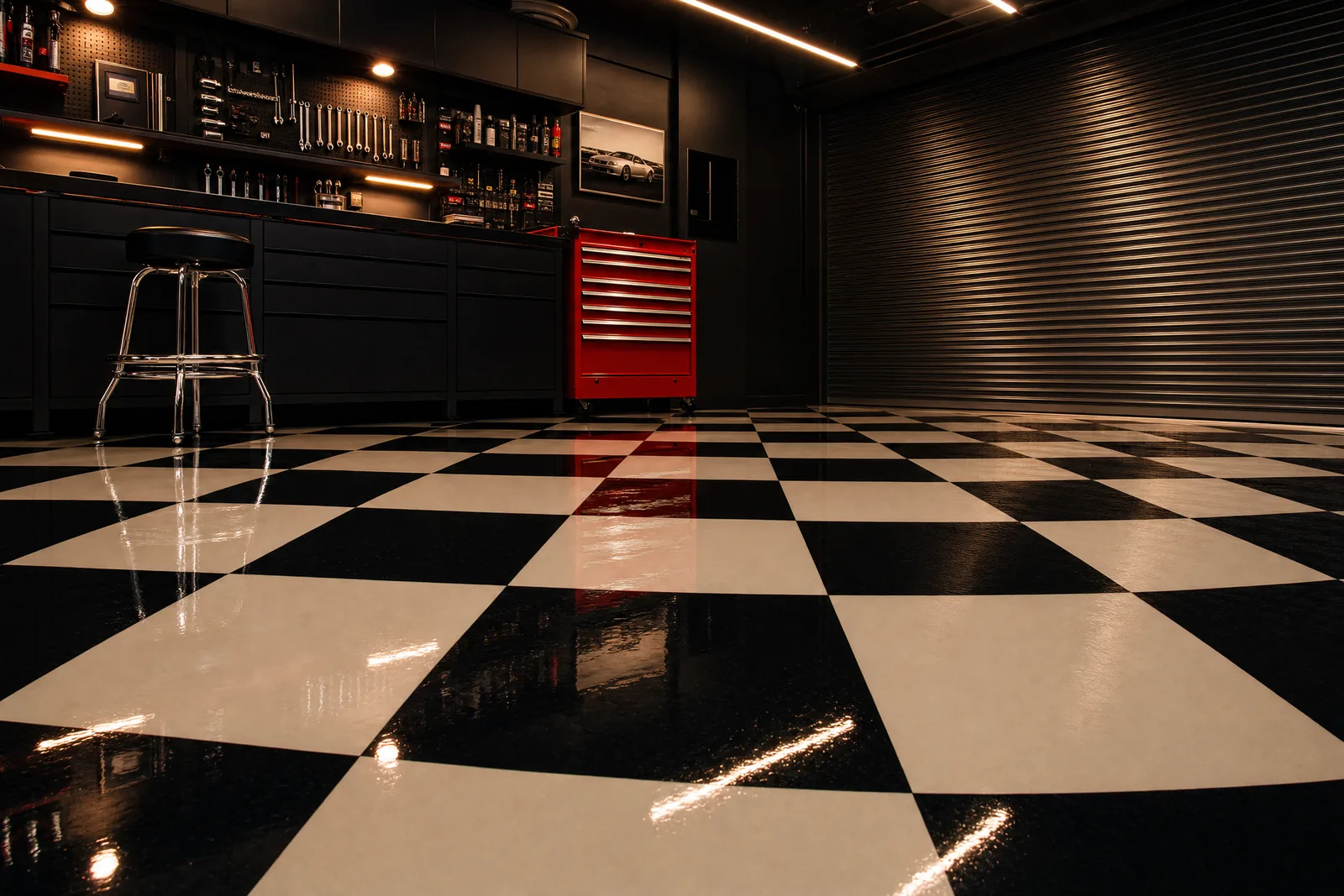 Black and white checkerboard epoxy floor