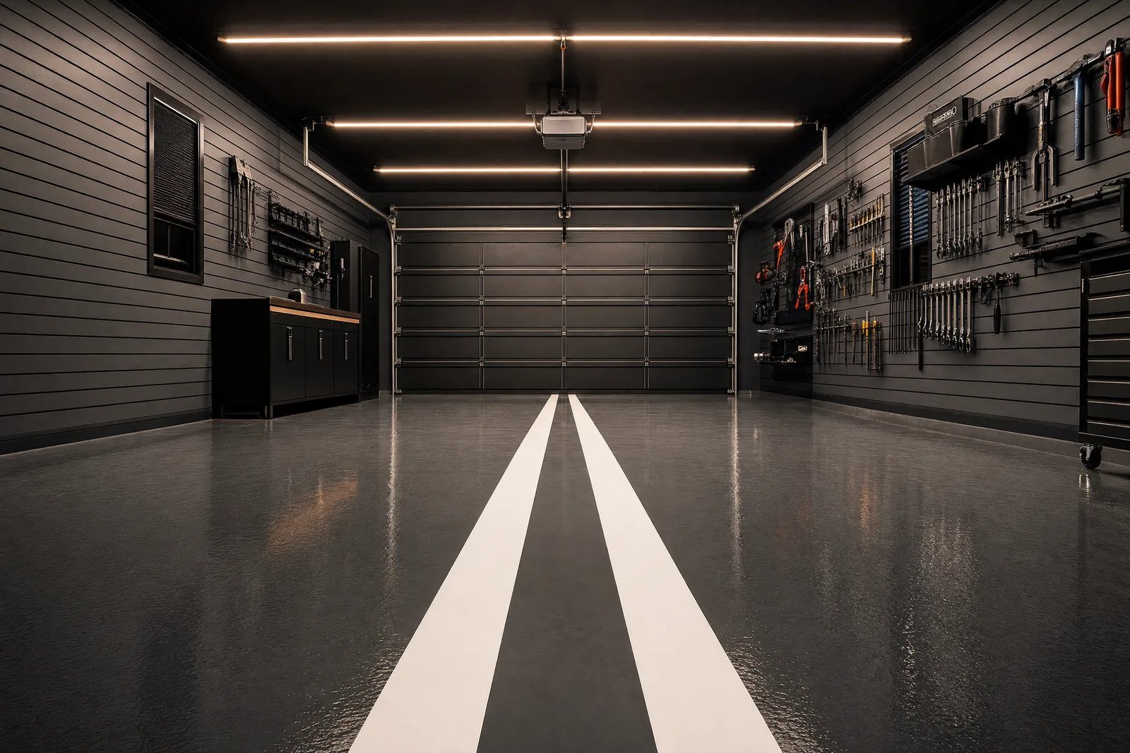 Charcoal floor with white racing stripes