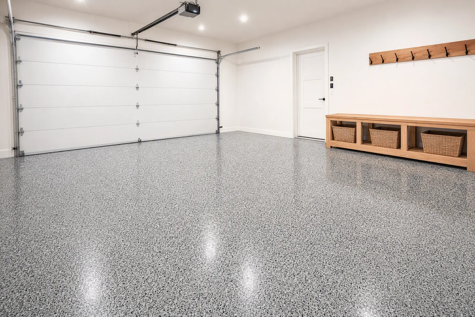 Grey black and white flake epoxy garage floor