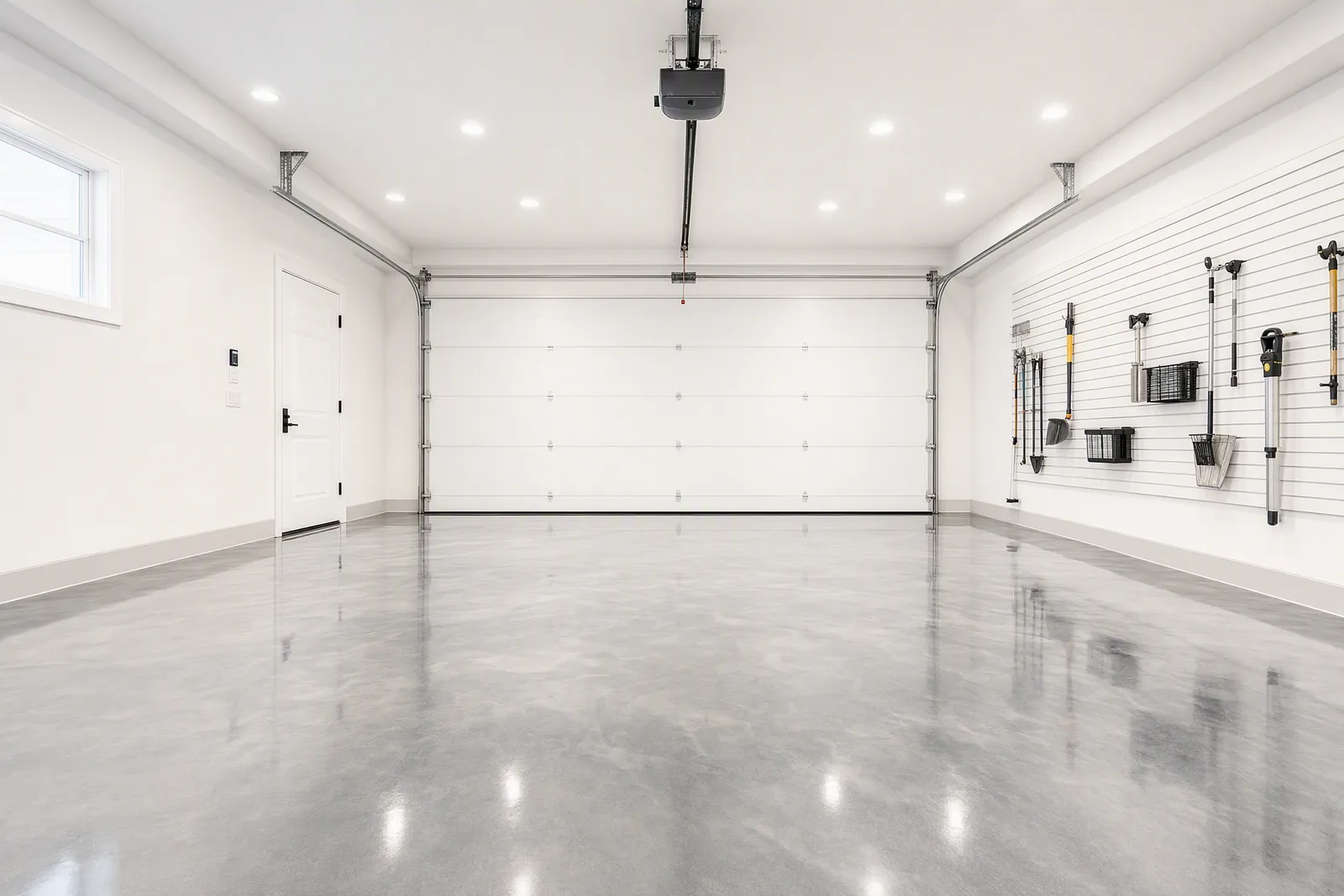 Bright white garage with a pale pewter metallic epoxy floor