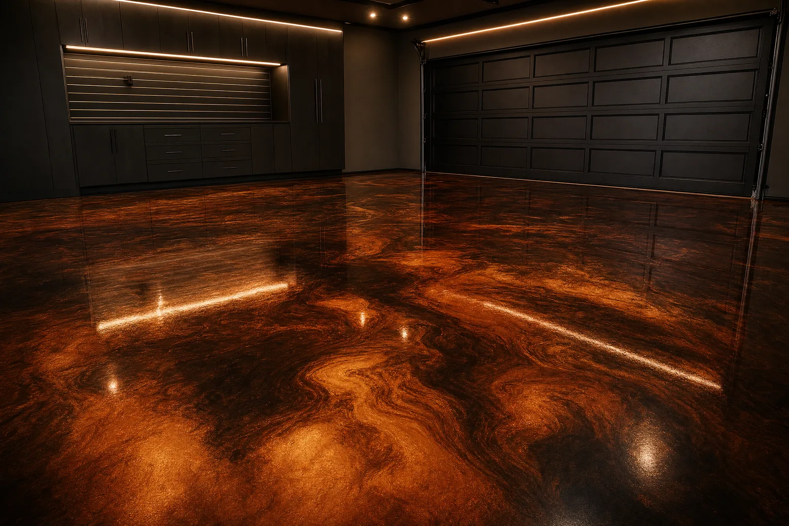 Copper and bronze metallic epoxy floor with marbled pigment movement