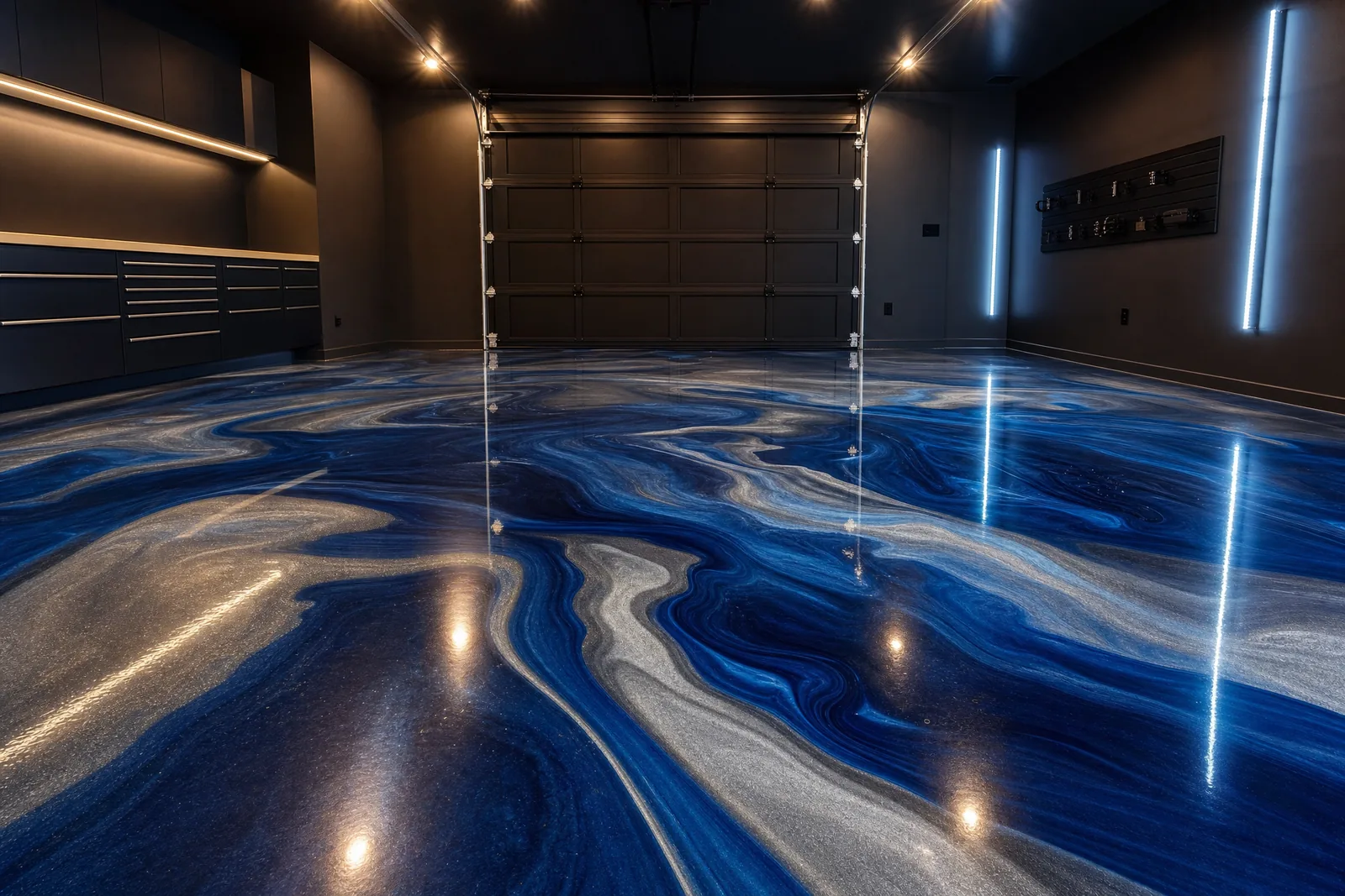 Deep blue and silver metallic epoxy floor