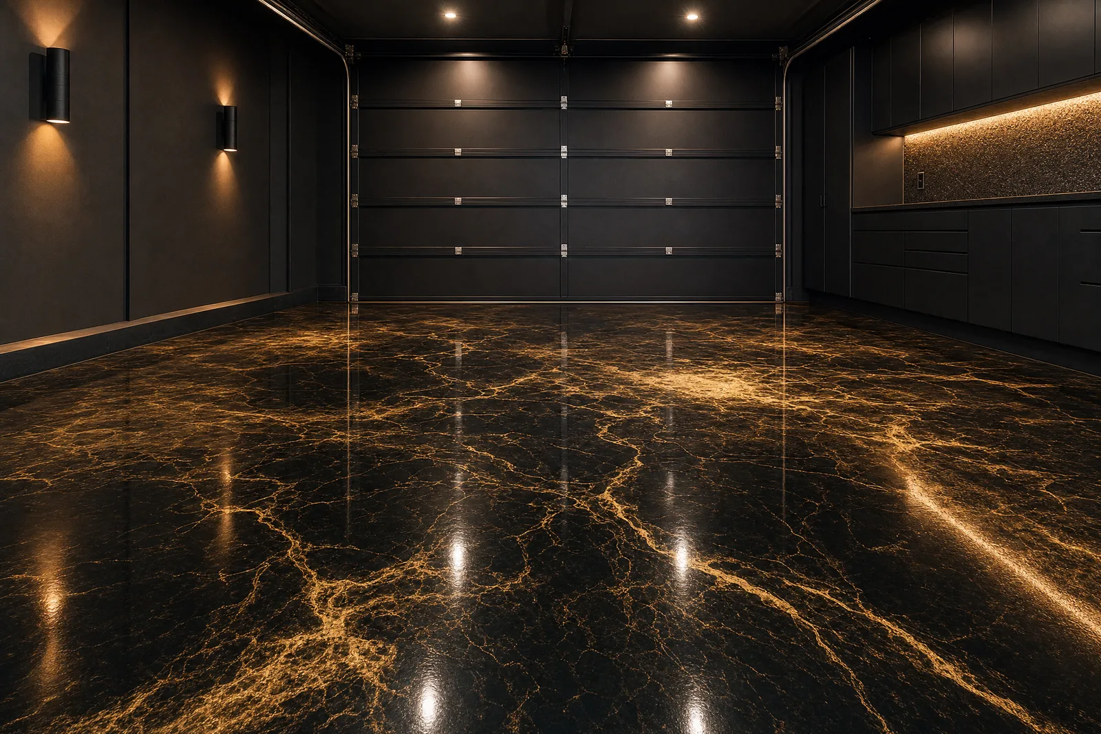 Black metallic epoxy floor with gold veining