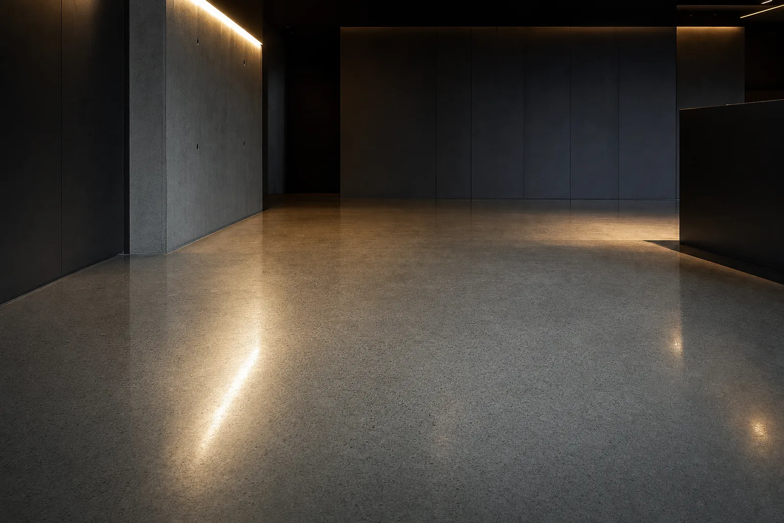Polished concrete in natural grey with a smooth high sheen