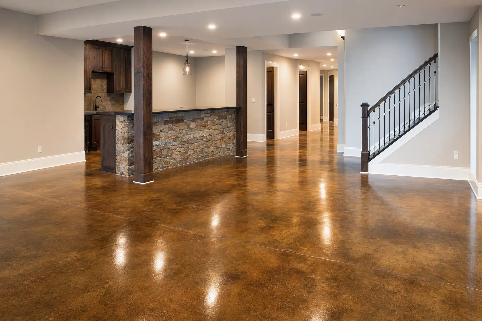 Acid-stained polished concrete in warm amber and brown tones
