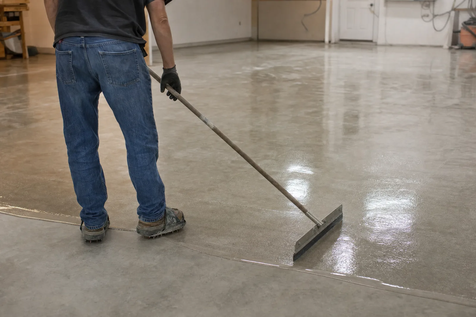 Squeegee spreading clear epoxy primer across bare concrete
