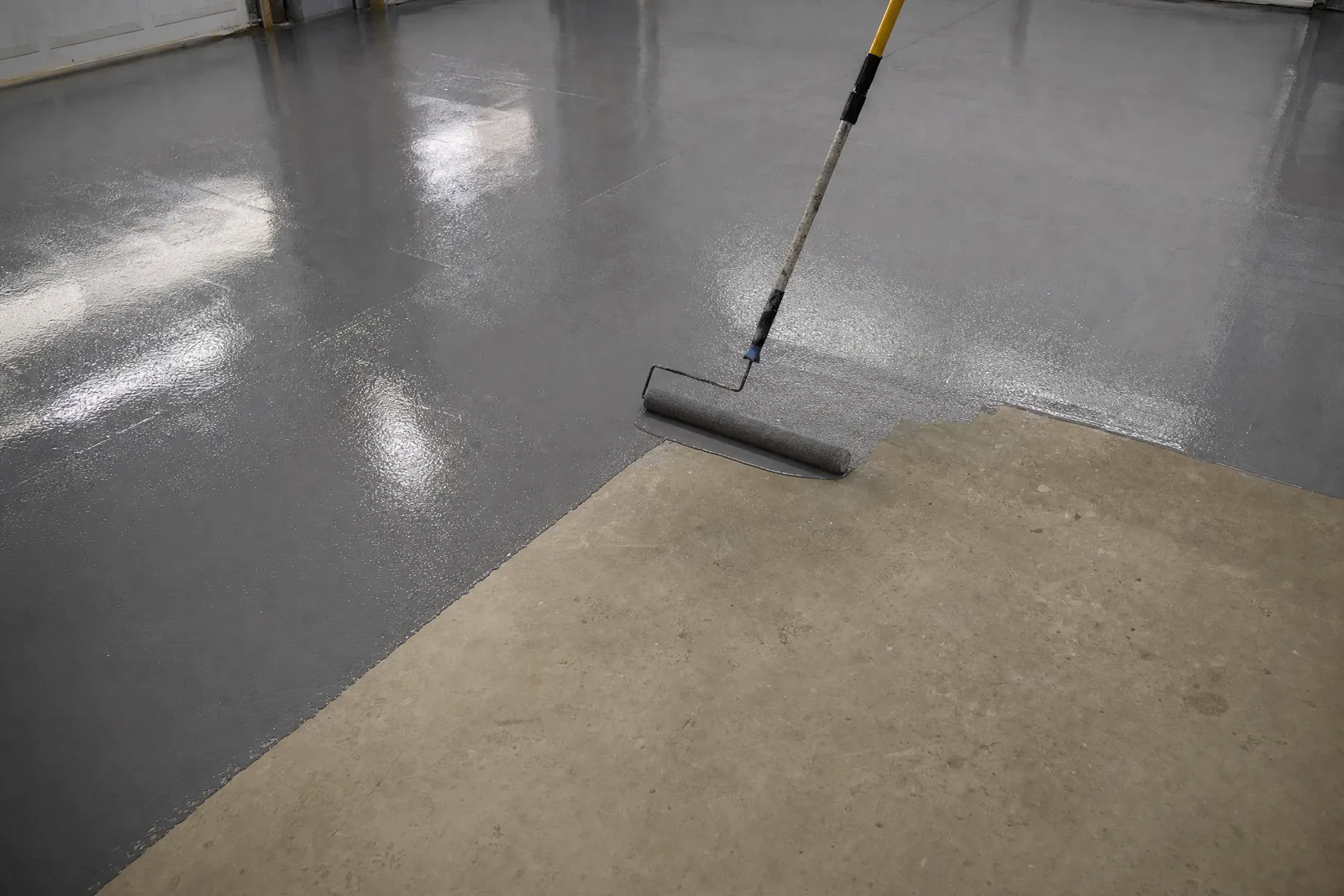 Roller on an extension pole back-rolling grey epoxy base coat across a garage floor