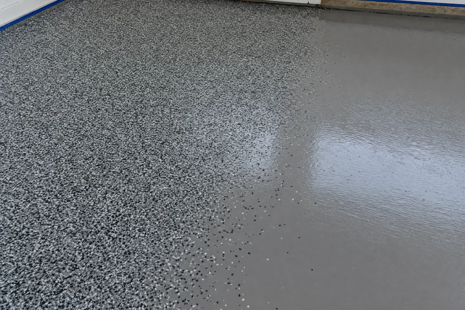 Garage floor half covered in a dense broadcast of grey and black vinyl flake, half still wet base coat