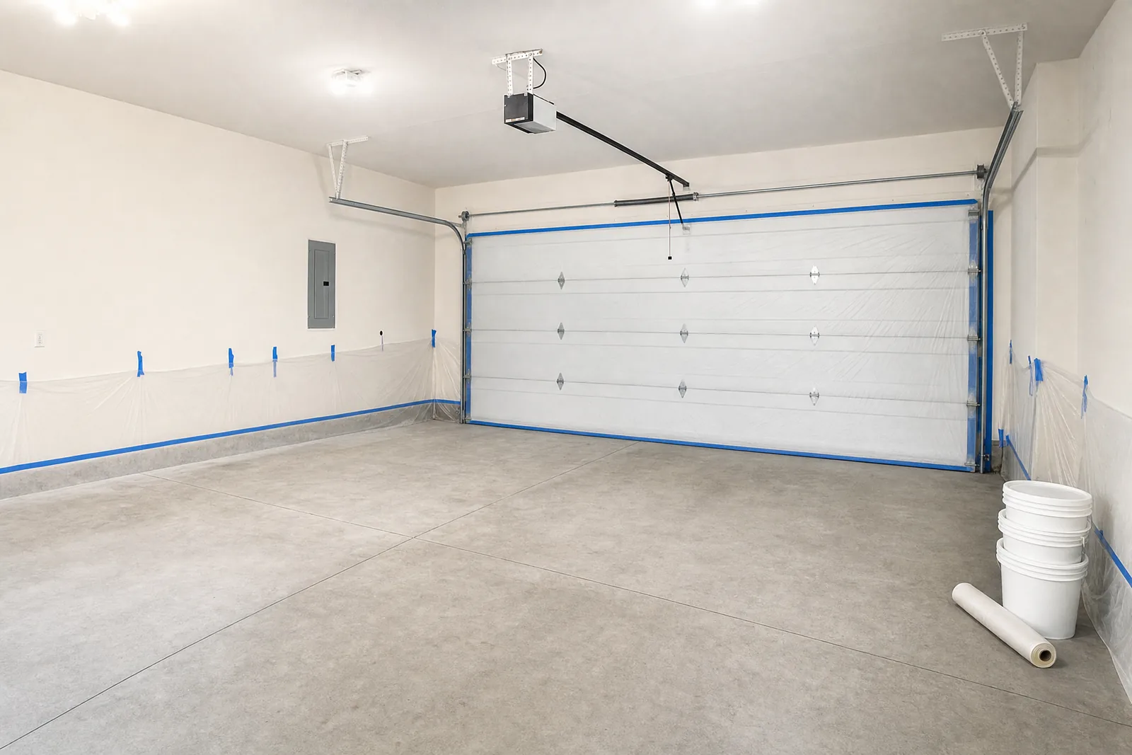 Empty garage masked with plastic sheeting and tape, bare concrete swept clean