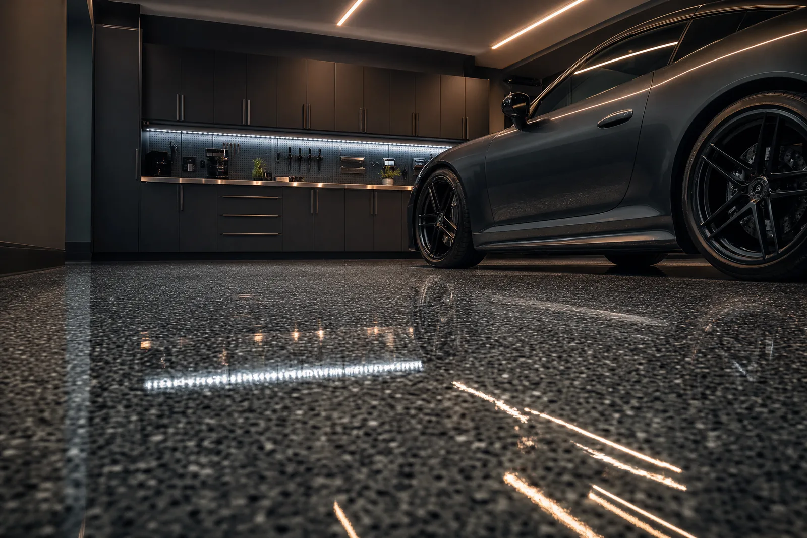 High-end residential garage with grey black and white flake epoxy floor
