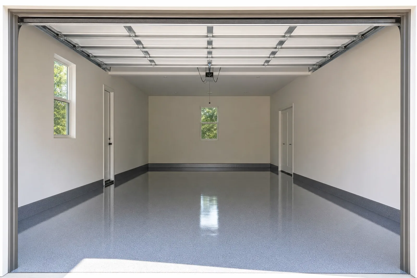 Open garage doorway showing a pewter metallic epoxy floor in bright daylight