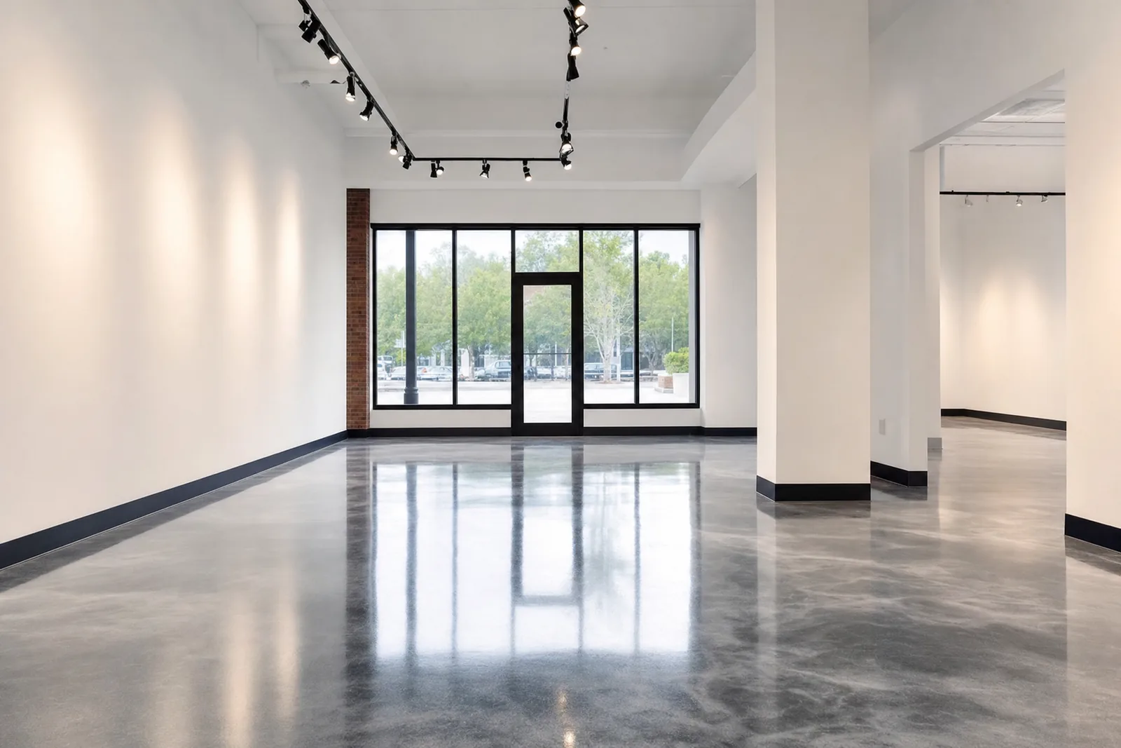 Retail display space with a charcoal and silver metallic epoxy floor under track lighting