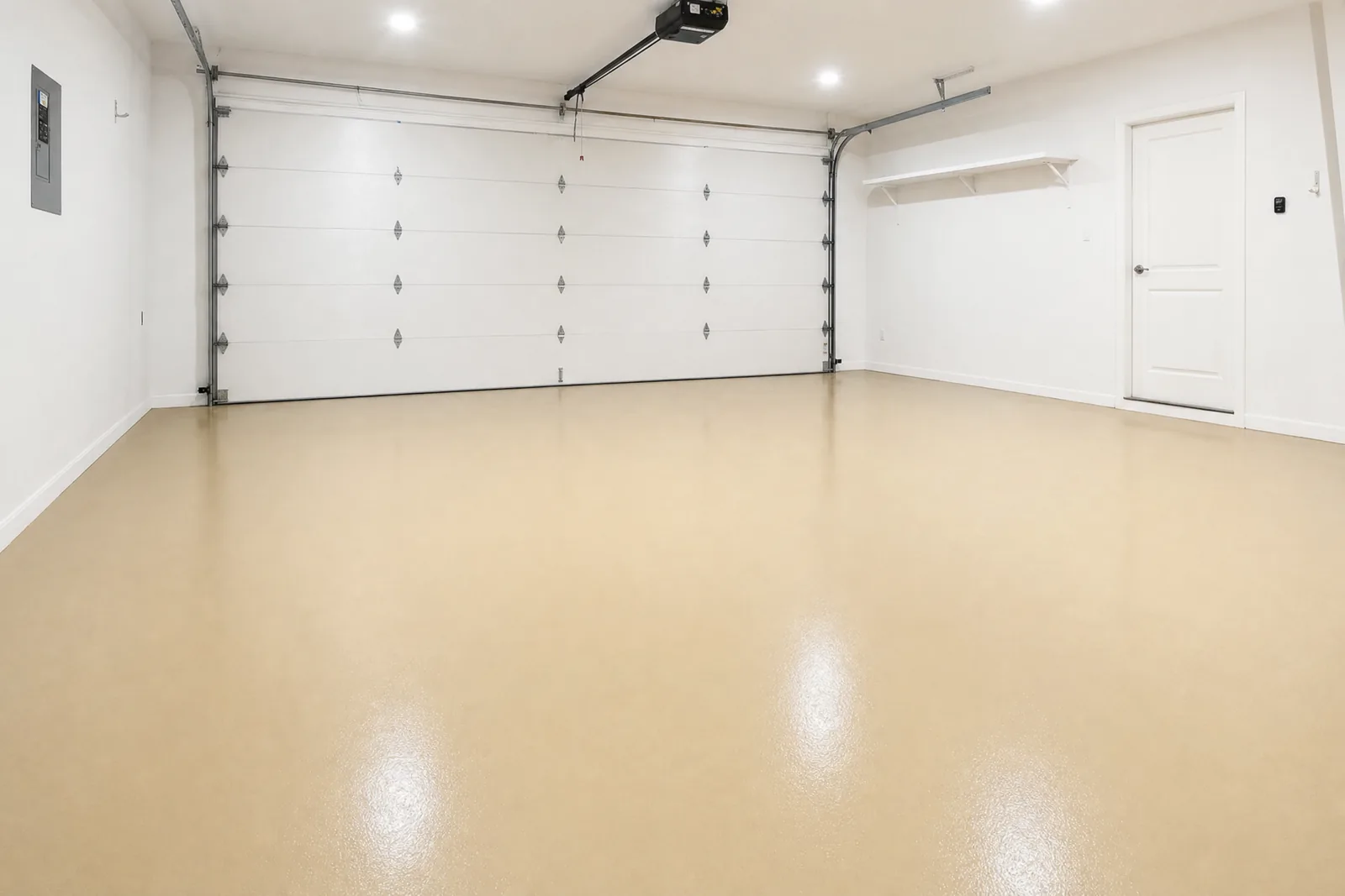 Residential garage with a solid tan epoxy floor