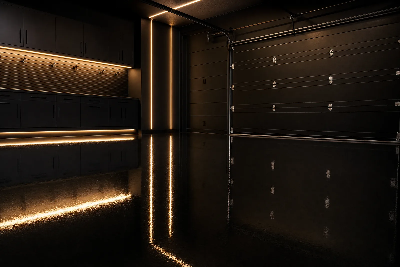 Garage with a solid black high-gloss epoxy floor