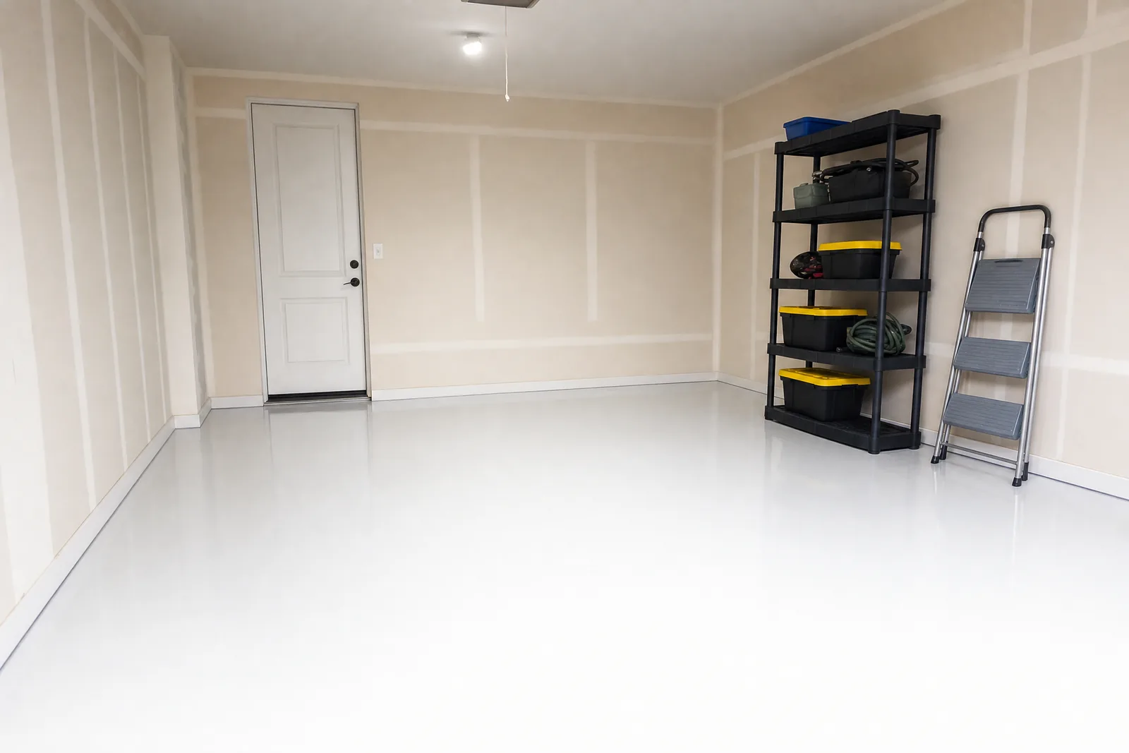 Garage with a solid bright white high-gloss epoxy floor