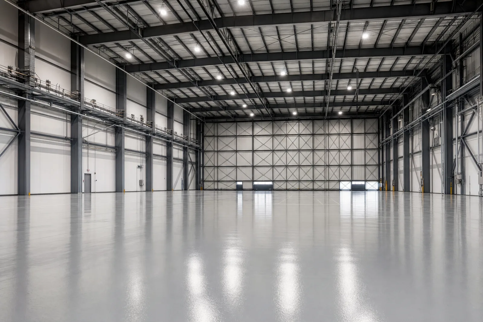 Aircraft hangar interior with a solid light grey epoxy floor